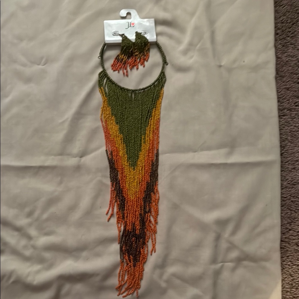 Vibrant Green and Orange Beaded Necklace with Cascading Fringe